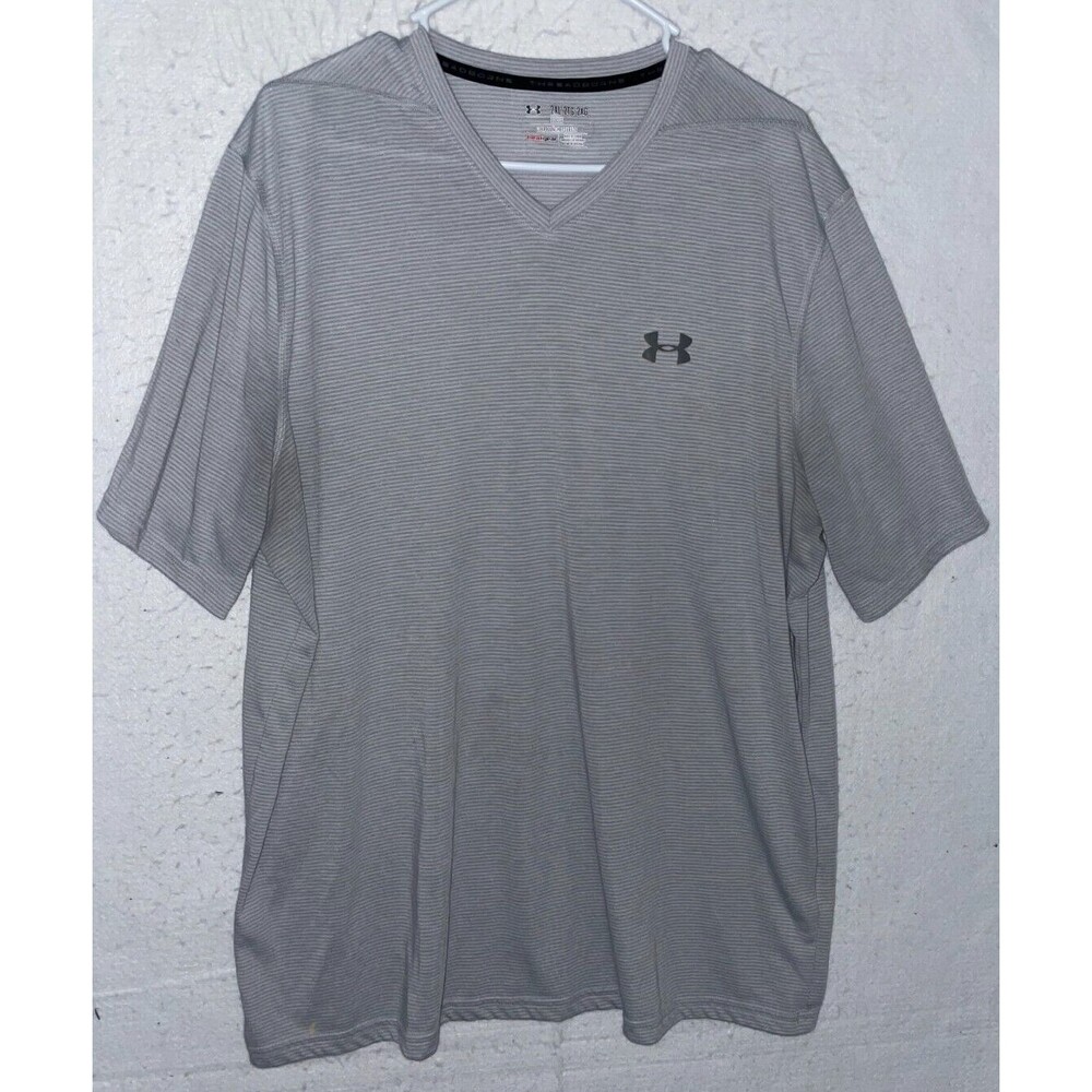 Mens Under Armour T Shirt Gray V Neck Running Striped Loose Logo Tee Heat Gear